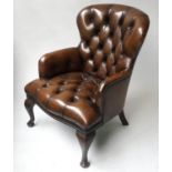 LIBRARY ARMCHAIR, Queen Anne style in buttoned hand dyed tobacco brown leather, 62cm W.