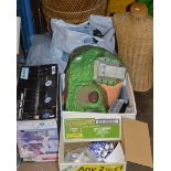 SEWING MACHINE IN BOX, BOX WITH BLUE & WHITE CERAMICS, VARIOUS TOYS, WICKER MANIKIN, VHS VIDEOS ETC