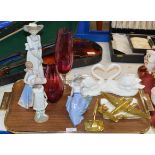 TRAY CONTAINING BRASS PLANE ORNAMENT, ROYAL DOULTON SWAN DISPLAY, CRANBERRY GLASS WARE & VARIOUS NAO