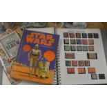 ALBUM OF VARIOUS STAMPS, VINTAGE STAR WARS POP UP BOOK & FOLDER WITH STAMPS