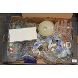 BOX CONTAINING VARIOUS CRYSTAL & GLASS WARE, PORCELAIN NAPKIN RINGS, SMALL PARAFFIN BURNER,