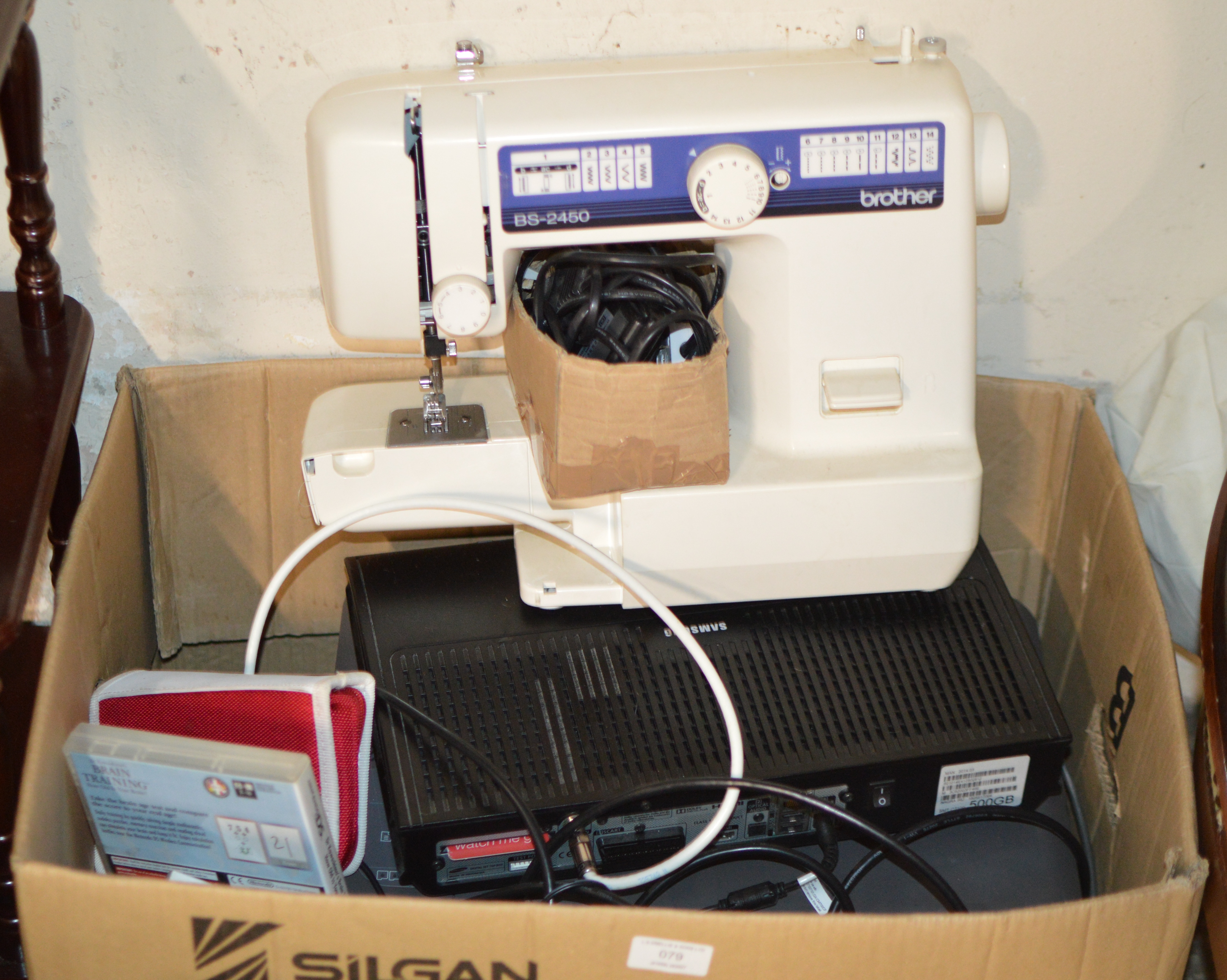 BOX CONTAINING SEWING MACHINE - AS SEEN, VARIOUS DIGI BOXES, NINTENDO DS WITH GAMES ETC