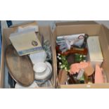 2 BOXES WITH DINNER WARE, GALLERY TRAY, LEONARDO FIGURINE ORNAMENT, VARIOUS CUT CRYSTAL GLASSES,