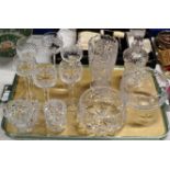 TRAY CONTAINING ASSORTED CRYSTAL WARE, SET OF 6 STEM GLASSES, DECANTER WITH STOPPER, FRUIT BOWLS,