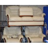 4 PIECE CREAM LEATHER LOUNGE SUITE WITH WOODEN TRIM COMPRISING 3 SEATER SETTEE, 2 RECLINING SINGLE