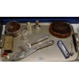 TRAY CONTAINING COPPER STAMP, EP SERVERS, BOTTLE COASTER, EYE BATH ETC