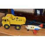 LARGE TONKA TRUCK, VINTAGE TOY PLANE & 1 OTHER TOY DIGGER