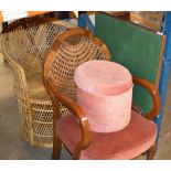 FOLDING TABLE, WICKER CHAIR, BERGER CANE CHAIR & PADDED STOOL