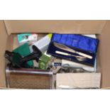 BOX CONTAINING BREADBIN, EP SUGAR & CREAM, SOUVENIR SPOONS, EP SERVING SET ETC