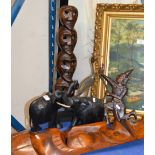 2 WOODEN ELEPHANTS, DECORATIVE WOODEN MASK, CARVED HORN BIRD & 2 WOODEN CARVINGS