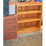 PAIR OF MAHOGANY EFFECT 3 DRAWER CHESTS & TEAK EFFECT OPEN BOOKCASE