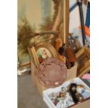 LARGE GILT FRAMED OIL ON CANVAS, BOAT DISPLAY & 2 BOXES WITH FIGURINE ORNAMENTS, WALL CLOCK, SMALL