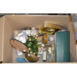 BOX CONTAINING FIGURINE ORNAMENT, GILT CLOCKS, ARTIFICIAL FLOWERS, FLORAL POSY ORNAMENTS ETC