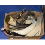 BOX WITH GURKHA STYLE KNIFE, HORN BUGLE, SHIP DISPLAY ETC