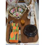 TRAY CONTAINING CUTLERY SETS, NAO STYLE FIGURINE, LEONARDO CLOWN ORNAMENT, ORIENTAL STAND, MAUCHLINE