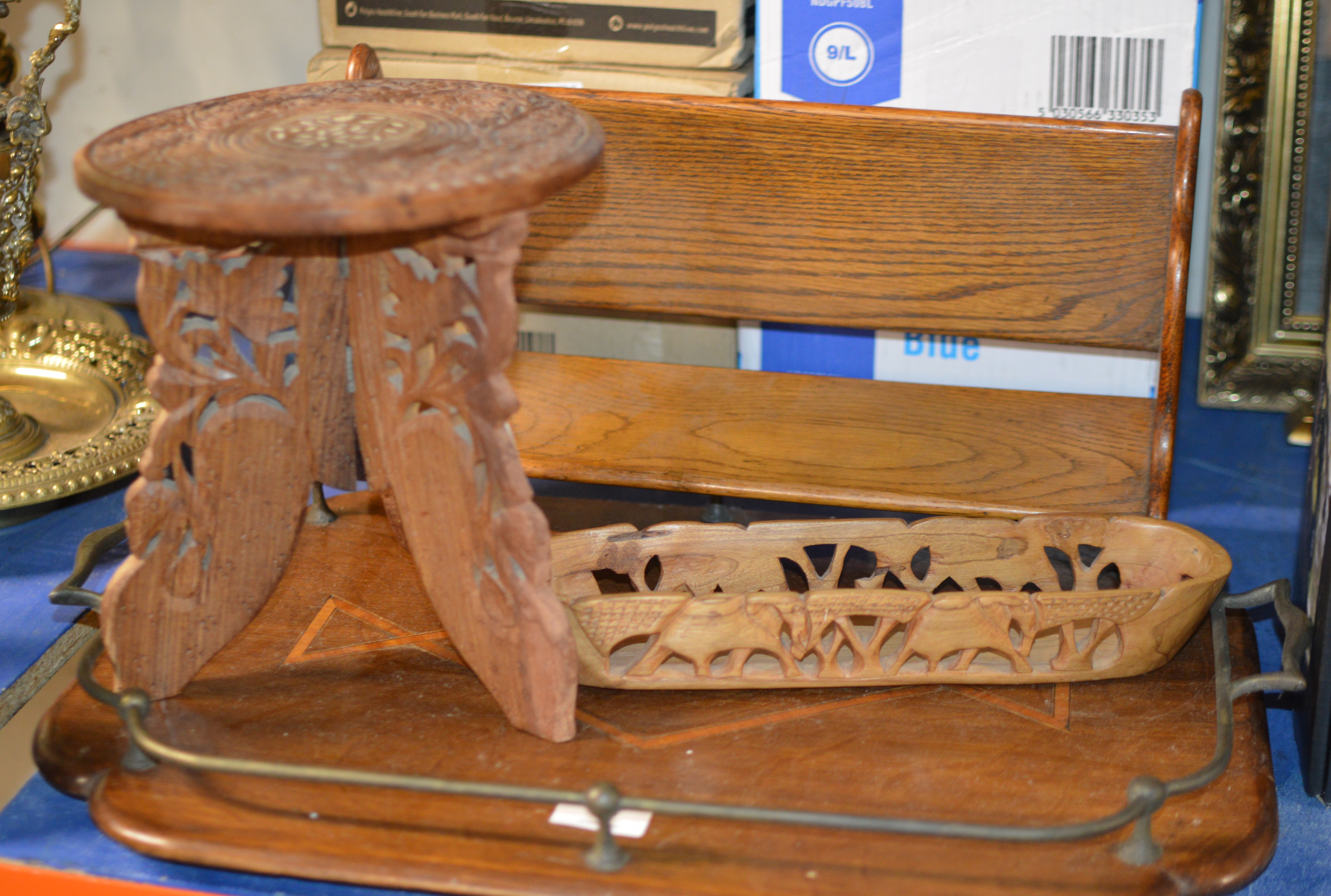 BOOK TROUGH, INLAID TRAY, DECORATIVE WOODEN BOWL & MINIATURE TABLE