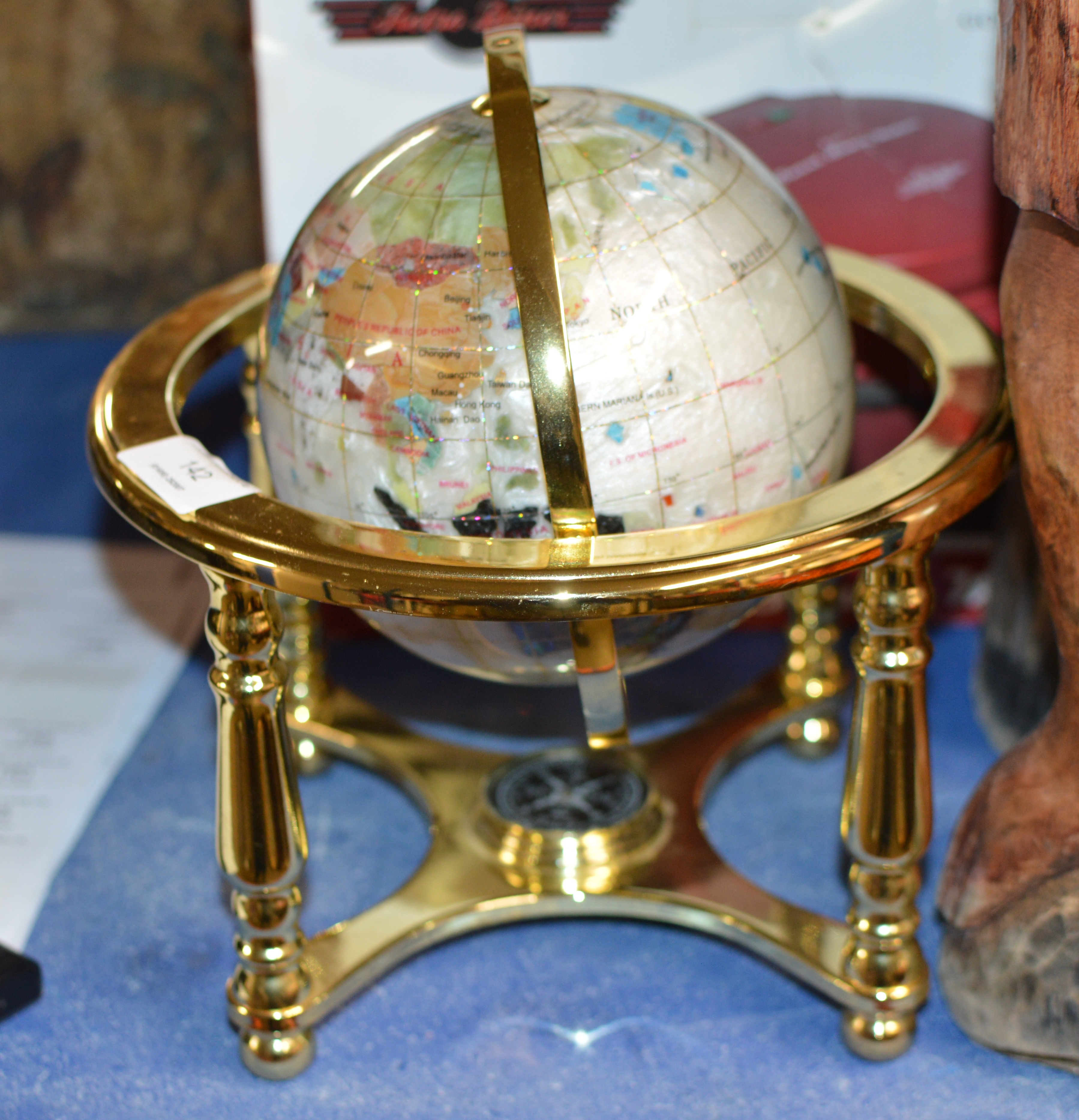 GEM INLAID WORLD GLOBE ON STAND