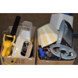 2 BOXES WITH VARIOUS LAMPS, PORTABLE STEREO, HAND WEIGHTS, HEATER, HEDGE TRIMMER & GENERAL HOUSEHOLD