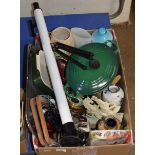 BOX WITH LE CREUSET LIDDED PAN, MIXED CERAMICS & GLASS WARE & GENERAL BRIC-A-BRAC