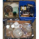 3 BOXES CONTAINING VARIOUS CRYSTAL & GLASS WARE, POTTERY CAT ORNAMENT, MANTLE CLOCK, GLASS SHADE, EP