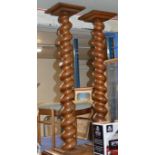 PAIR OF LARGE OAK TWIST COLUMN TORCHIERES