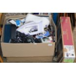 LG MONITOR IN BOX & BOX CONTAINING STEAM IRON, DVD PLAYER, PHONE SET & GENERAL HOUSEHOLD ITEMS