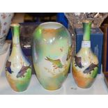 PAIR OF CROWN DEVON FISH DESIGN LUSTRE VASES & 1 SIMILAR VASE