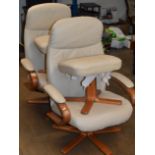 PAIR OF MODERN CREAM LEATHER EASY CHAIRS WITH MATCHING FOOT STOOLS