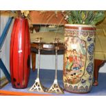 ORIENTAL STYLE STICK STAND, VARIOUS ARTIFICIAL FLOWERS, DECORATIVE VASE & PAIR OF WMF STYLE CANDLE