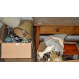 2 BOXES CONTAINING MALING LAMP, VARIOUS OTHER LAMPS, GINGER JAR, CDS & GENERAL BRIC-A-BRAC