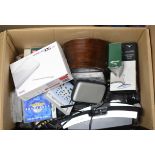 BOX WITH NINTENDO DS WITH VARIOUS GAMES, MAHOGANY CASED CLOCK, IPOD DOCK ETC