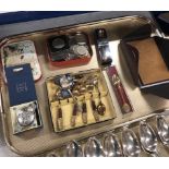 TRAY CONTAINING COINAGE, CUTLERY, SOUVENIR SPOONS ETC
