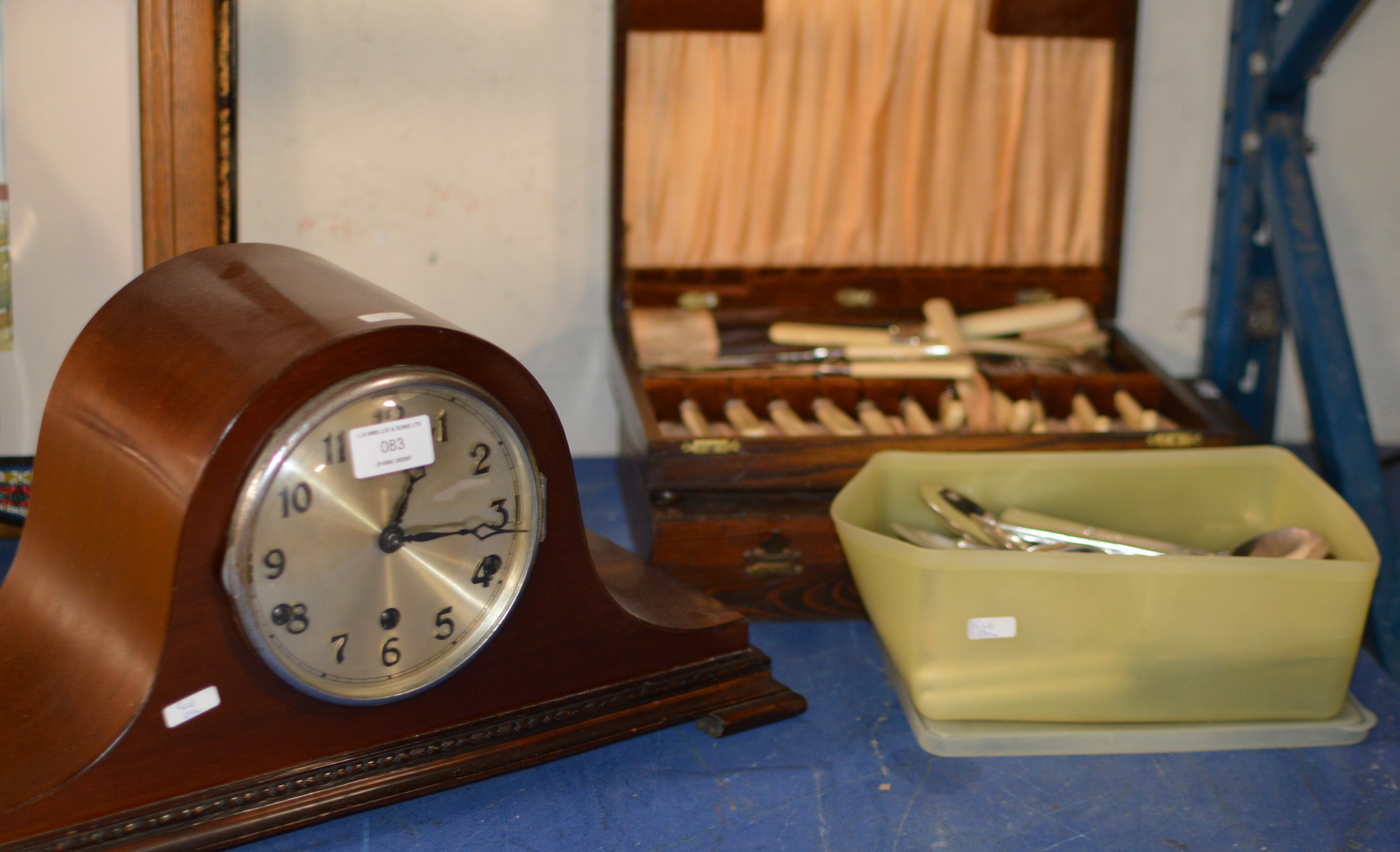 MAHOGANY CASED CHIMING MANTLE CLOCK & QUANTITY VARIOUS CUTLERY