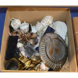 BOX WITH SMITHS POCKET WATCHES, WRIST WATCHES, COSTUME JEWELLERY, TEA WARE, VARIOUS BRASS WARE, EP
