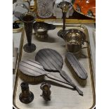 TRAY WITH ASSORTED SILVER WARE, 3 PIECE VANITY SET, PEPPER POT, OPEN SALT, CHRISTENING CUP,