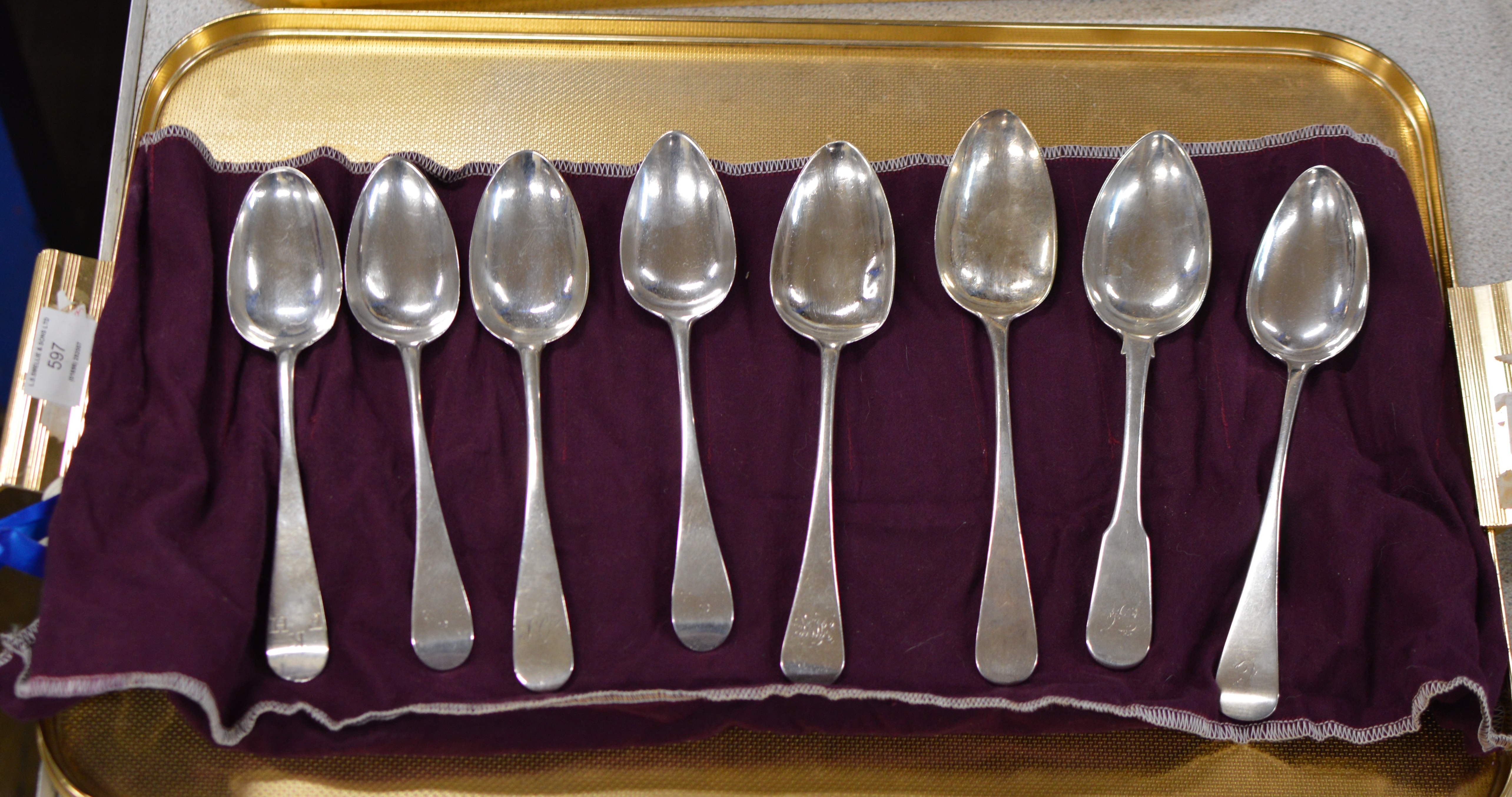 A COLLECTION OF 8 VARIOUS LONDON SILVER & PROVINCIAL SILVER TABLE SPOONS - APPROXIMATE COMBINED