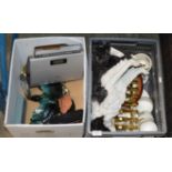 2 BOXES CONTAINING DOG ORNAMENT, FIRE GRATE, TEA WARE, BLUE MOUNTAIN STYLE POTTERY ETC