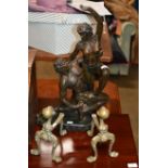 BRONZE EFFECT DOUBLE FIGURINE DISPLAY & PAIR OF BRASS FIRE DOGS