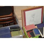 2 BOXES WITH VARIOUS OLD BOOKS & 2 FRAMED PICTURES