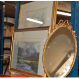 2 FRAMED WATERCOLOURS & SMALL ORNATE GILT FRAMED MIRROR