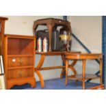 PADDED STOOL, YEW WOOD COFFEE TABLE, YEW WOOD OCCASIONAL TABLE & YEW WOOD 2 DRAWER UNIT