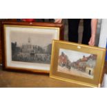 FRAMED WATERCOLOUR - THE JEWS HOUSE, LINCOLN, BY W.E. LOCKHART RSA & LARGE MAHOGANY FRAMED PRINT