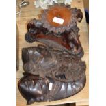 2 CARVED WOODEN MASK DISPLAYS & ORNATE WOODEN ELEPHANT STAND
