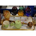 TRAY WITH PART ROYAL WINTON BREAKFAST SET, SET OF 6 HARLEQUIN STEM GLASSES, WADE POTTERY JUG ETC