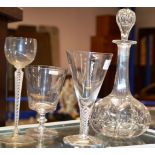 3 VARIOUS OLD STEM GLASSES & OLD GLASS DECANTER WITH STOPPER