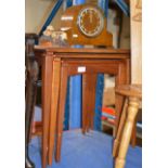 NEST OF 3 TEA TABLES, MANTLE CLOCK & WOODEN MUSHROOM DISPLAY