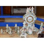 LARGE MEISSEN STYLE MANTLE CLOCK WITH PAIR OF SIMILAR FIGURAL CANDELABRAS - WITH DAMAGES