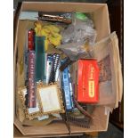 BOX CONTAINING UNFRAMED PICTURES, VARIOUS MODEL RAILWAY ACCESSORIES, MALING BOWL, PICTURE FRAMES ETC