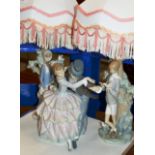 2 LLADRO FIGURINE TABLE LAMPS WITH SHADES & LLADRO DOUBLE FIGURINE ORNAMENT