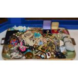 TRAY WITH LARGE QUANTITY VARIOUS COSTUME JEWELLERY, WRIST WATCHES, BEADS, WW2 MEDAL ETC